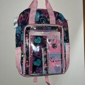 Schoolyard Vibes Girls Backpack with Stationary Set Heart Print Pink Navy